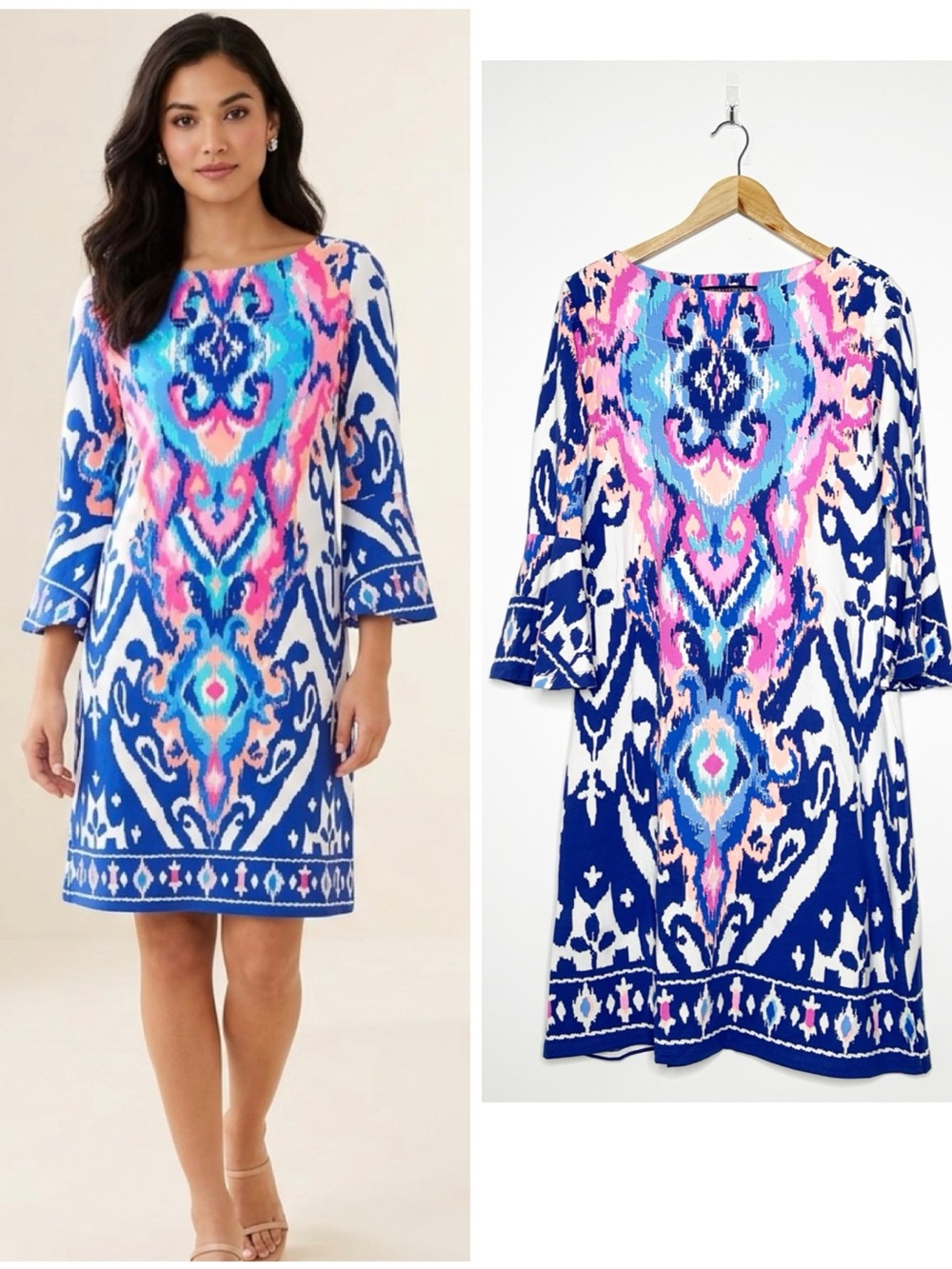 Barbara Erickson Ikat Print Boat Neck Bell Sleeve Dress Size Large L